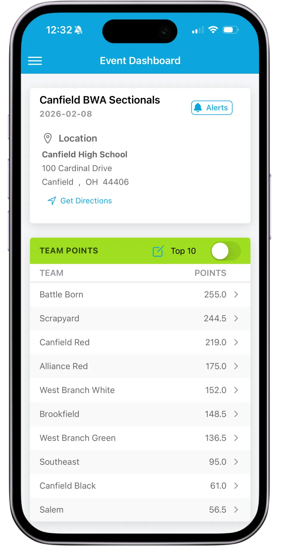 Snapdown matside scoring interface showing match in progress