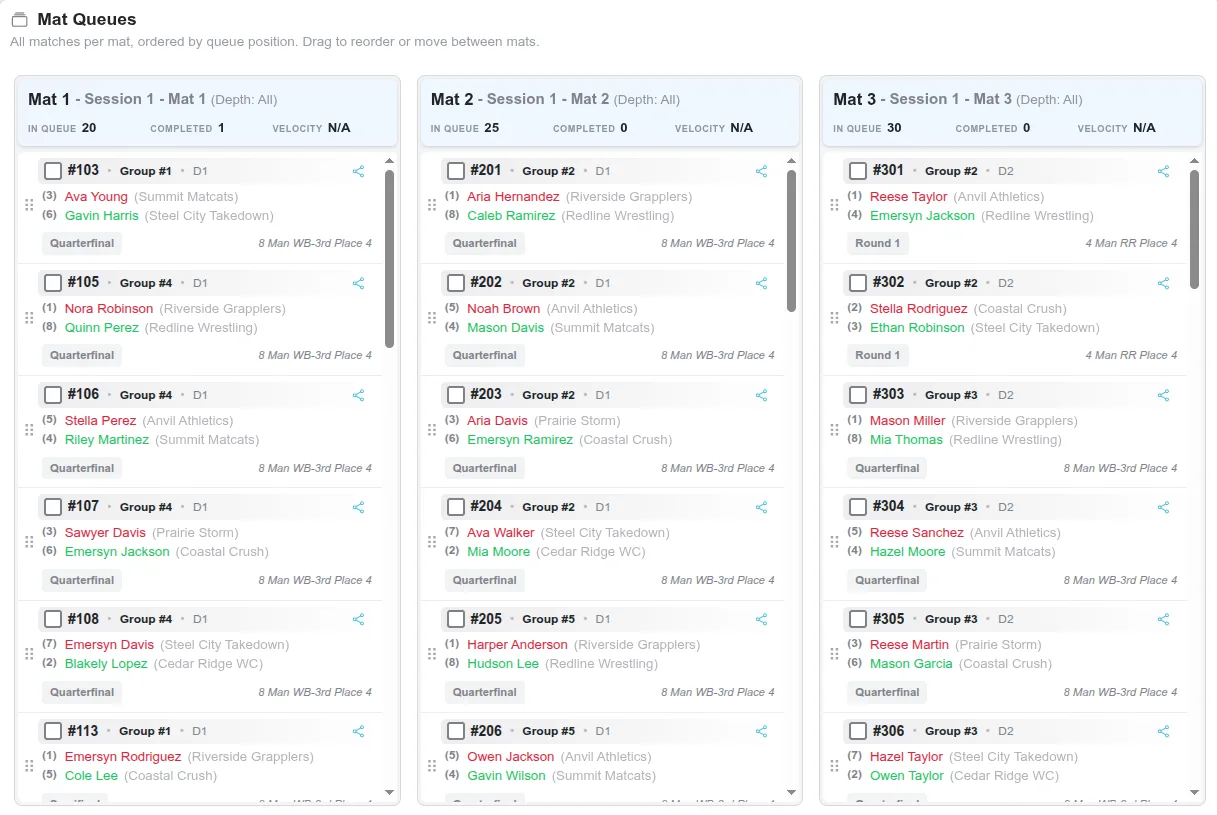 Snapdown mat queues showing all matches per mat with drag-to-reorder