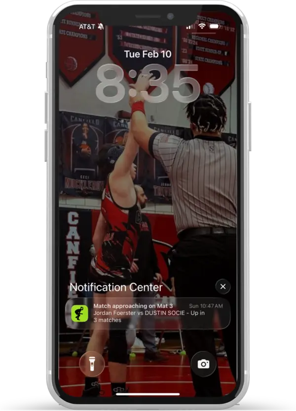 Phone showing Snapdown push notification: Match approaching on Mat 3, up in 3 matches