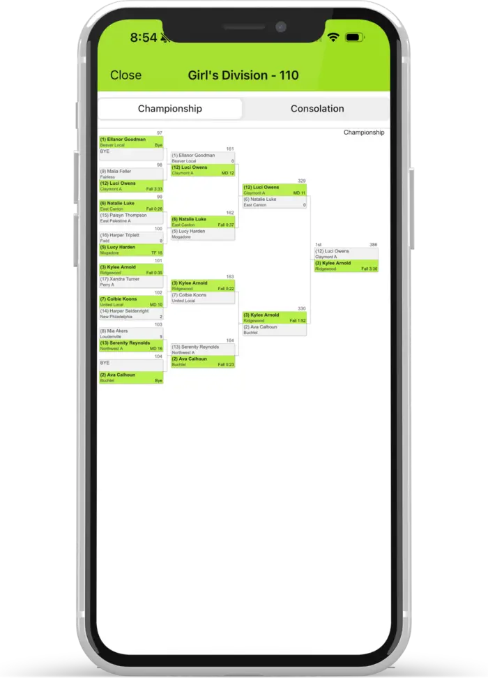 Snapdown app showing wrestling tournament bracket with championship and consolation rounds