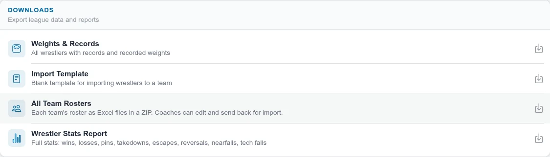 Snapdown league reports and exports for wrestler records, team rosters, and full wrestler statistics