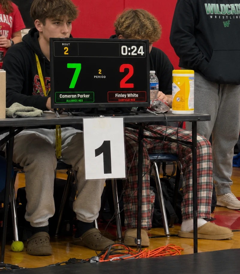 The head table at a wrestling tournament, with the Snapdown crowd scoreboard showing bout 2, Cameron Parker leading Finley White 7–2 in period 2 with 24 seconds left