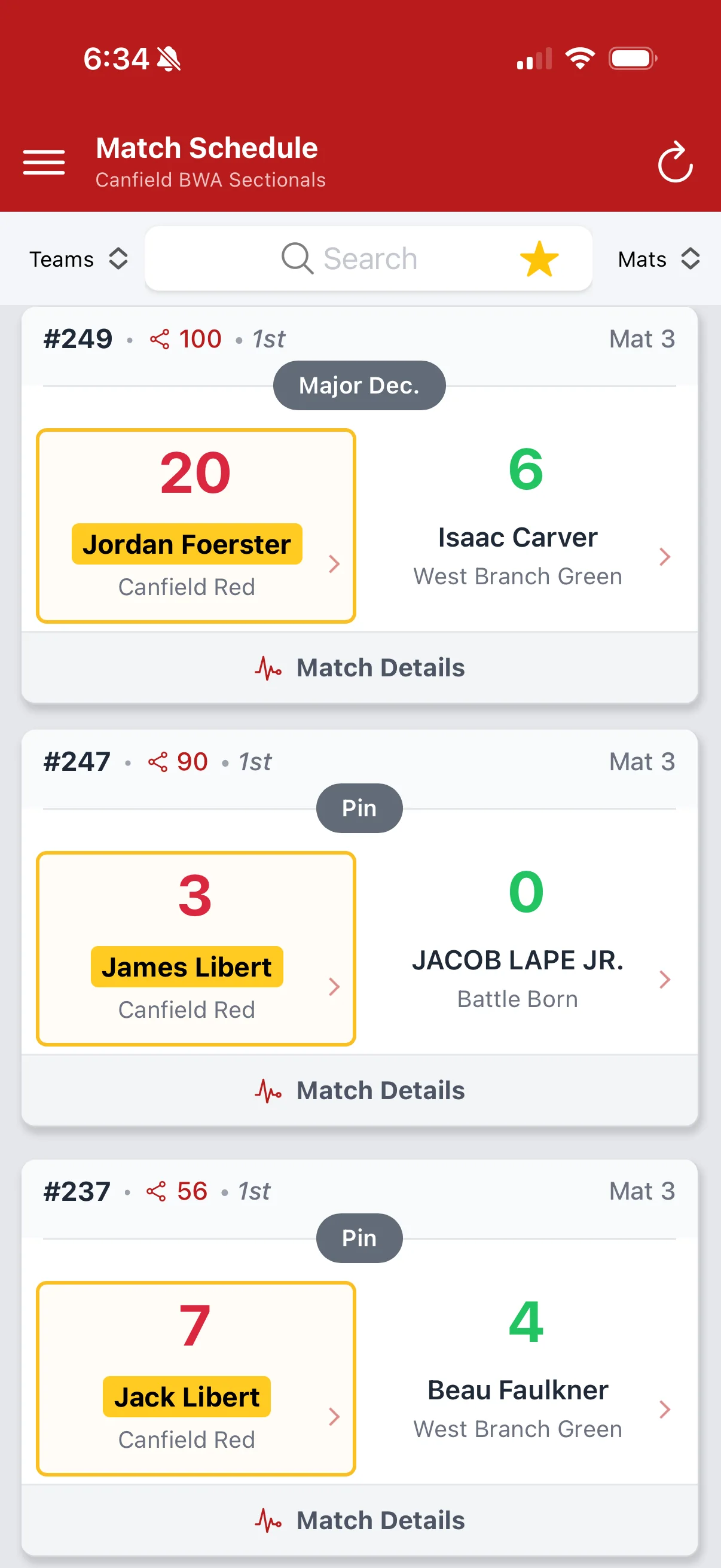 Match results for three favorite wrestlers, highlighted together in one view