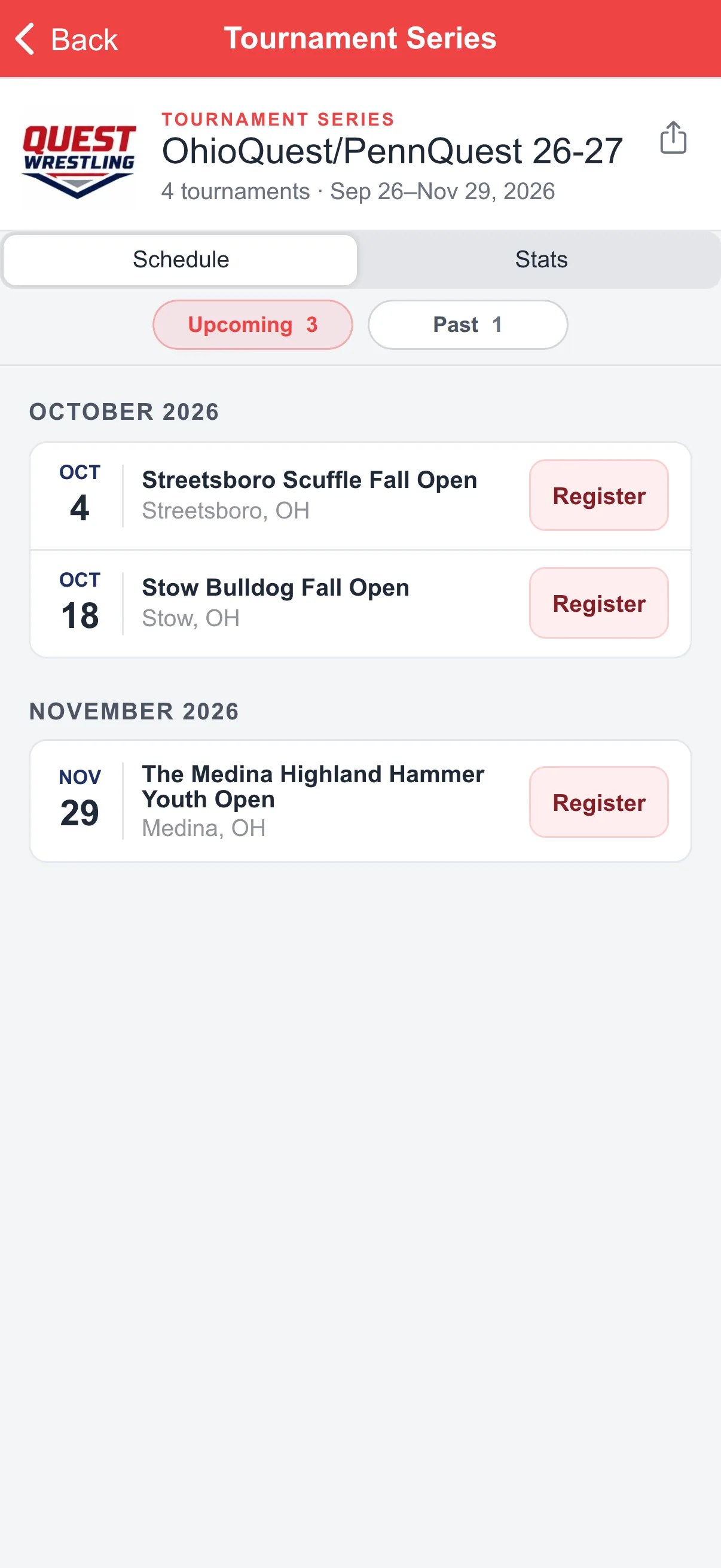 OhioQuest/PennQuest tournament series schedule with upcoming stops and Register buttons