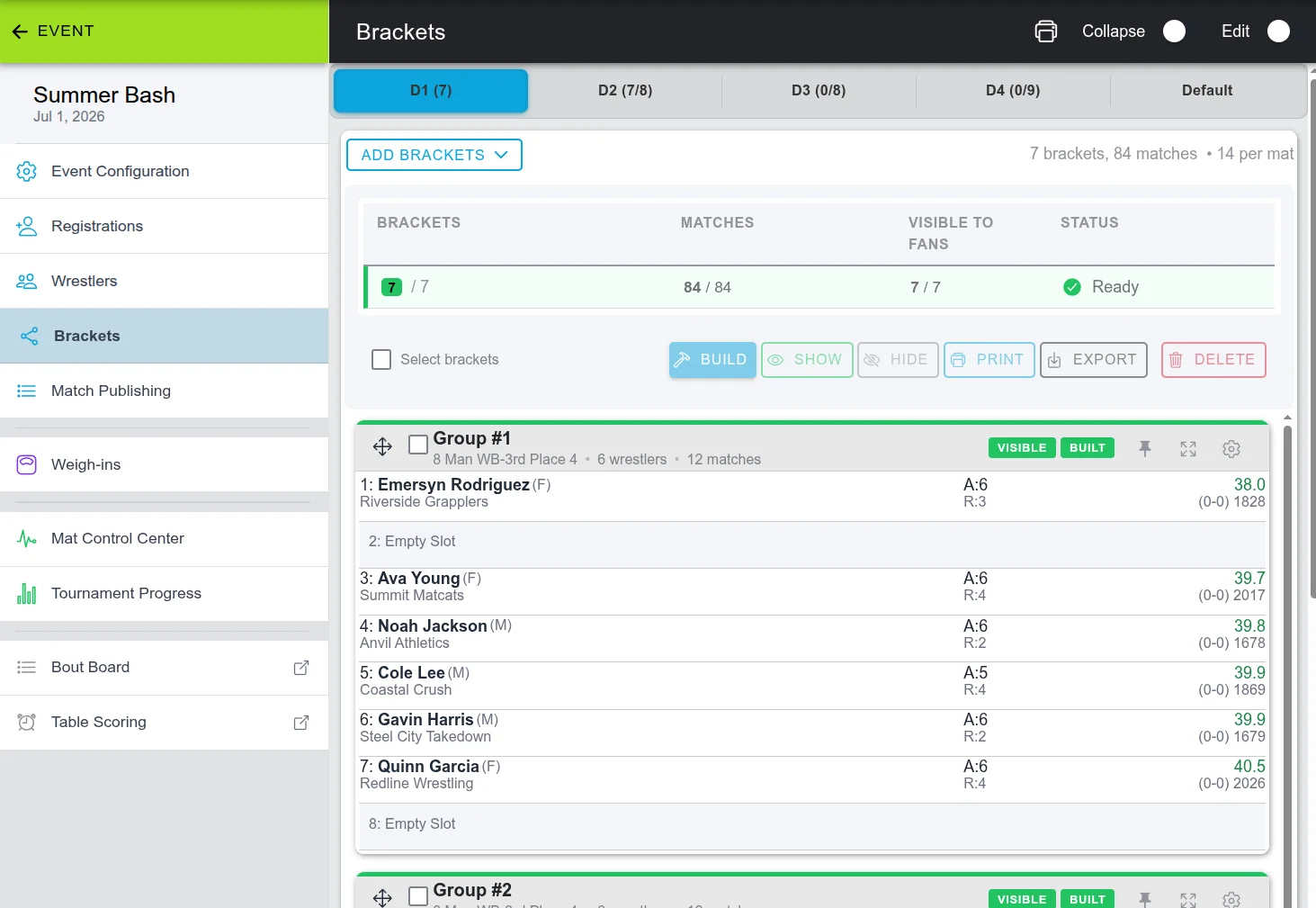 Snapdown bracket management screen showing built brackets with seeds, print, and export options