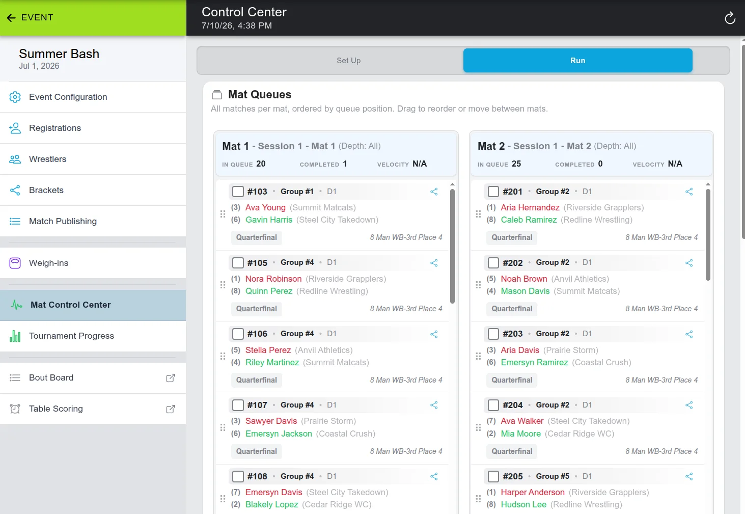 Snapdown Mat Control Center showing live queues for every mat with drag-to-reorder matches