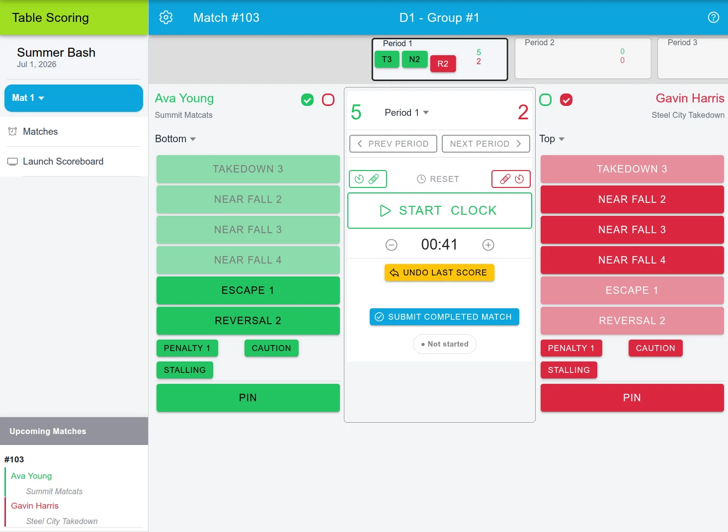 Snapdown table scoring interface with live match score, period clock, and one-tap scoring buttons