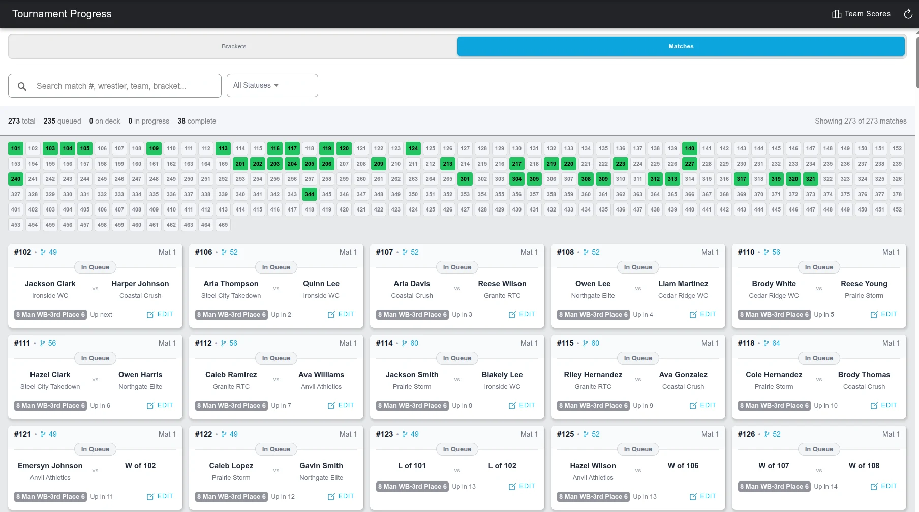 Snapdown tournament progress dashboard showing 273 matches, live status totals, a color-coded match map, upcoming match cards, and direct edit controls