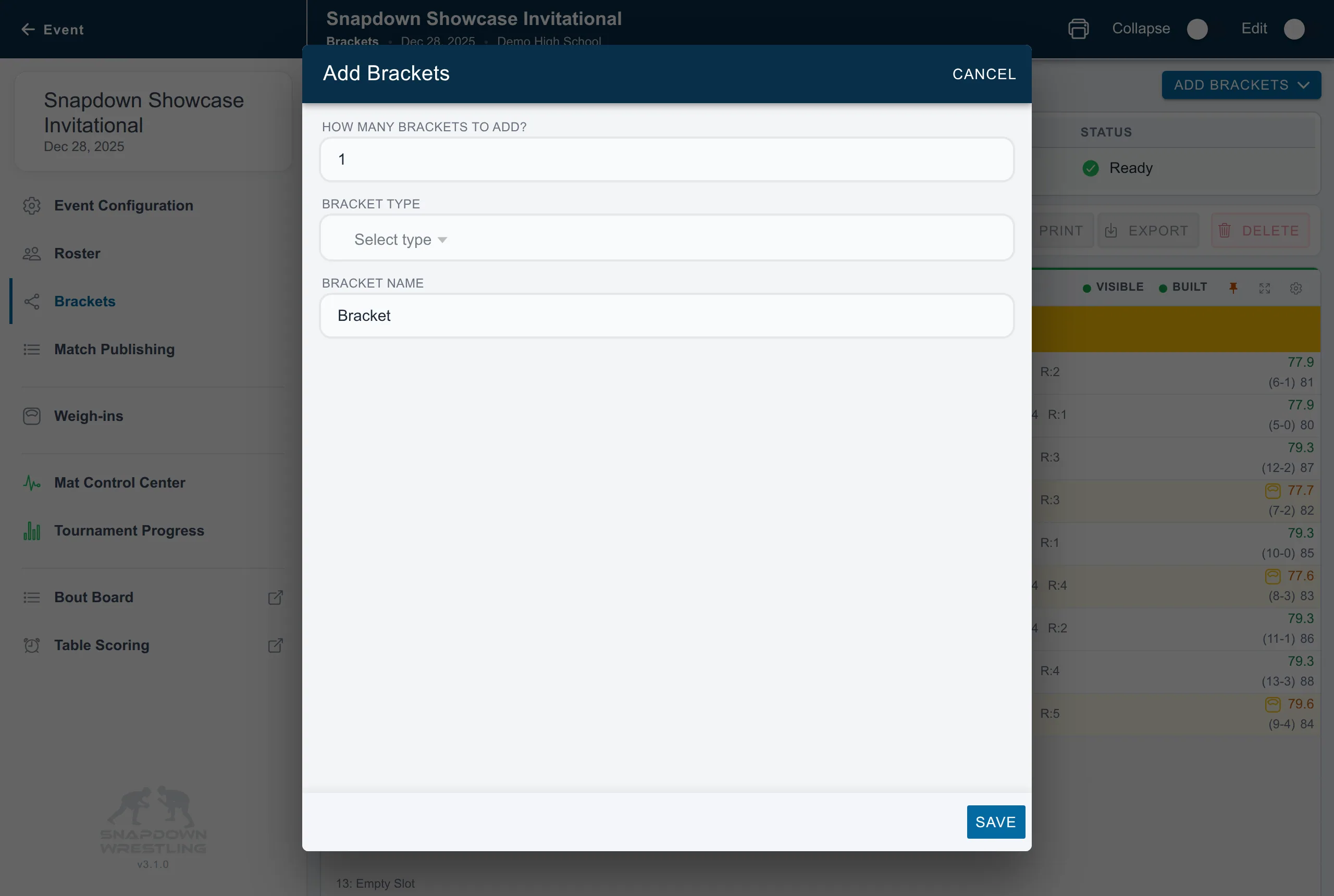 Add Brackets dialog for choosing a bracket type, name, and quantity