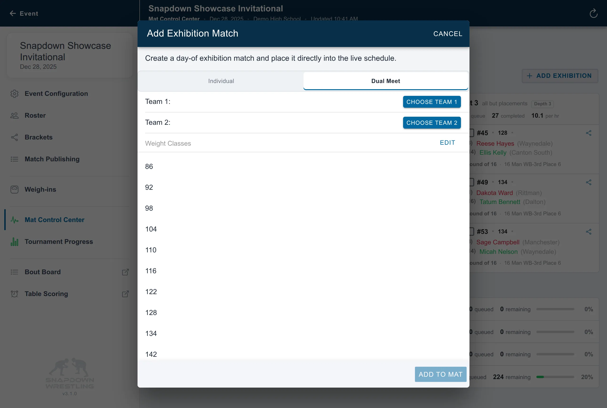 Add Exhibition Match dialog in Dual Meet mode