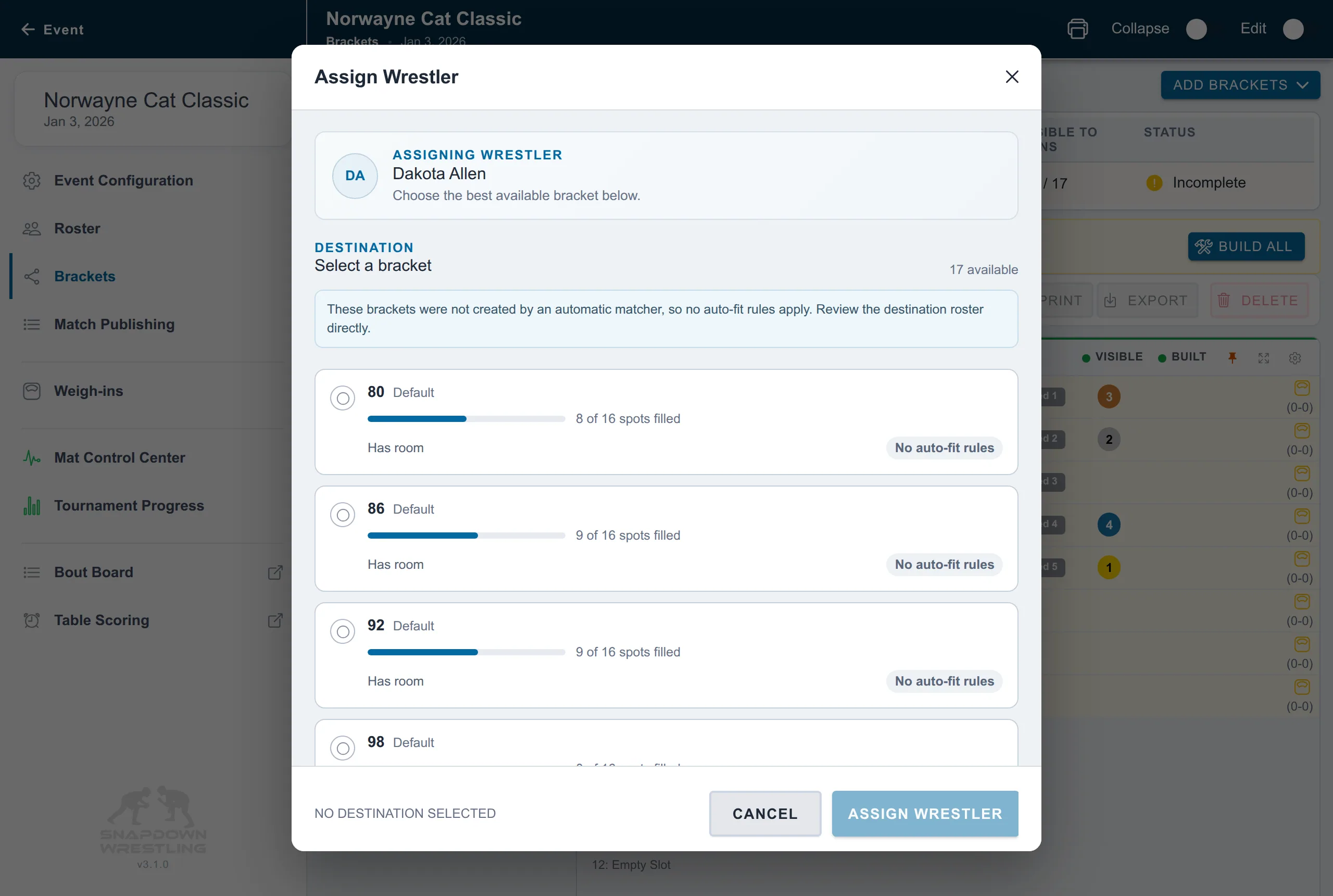 Assign wrestler dialog for choosing a compatible destination bracket