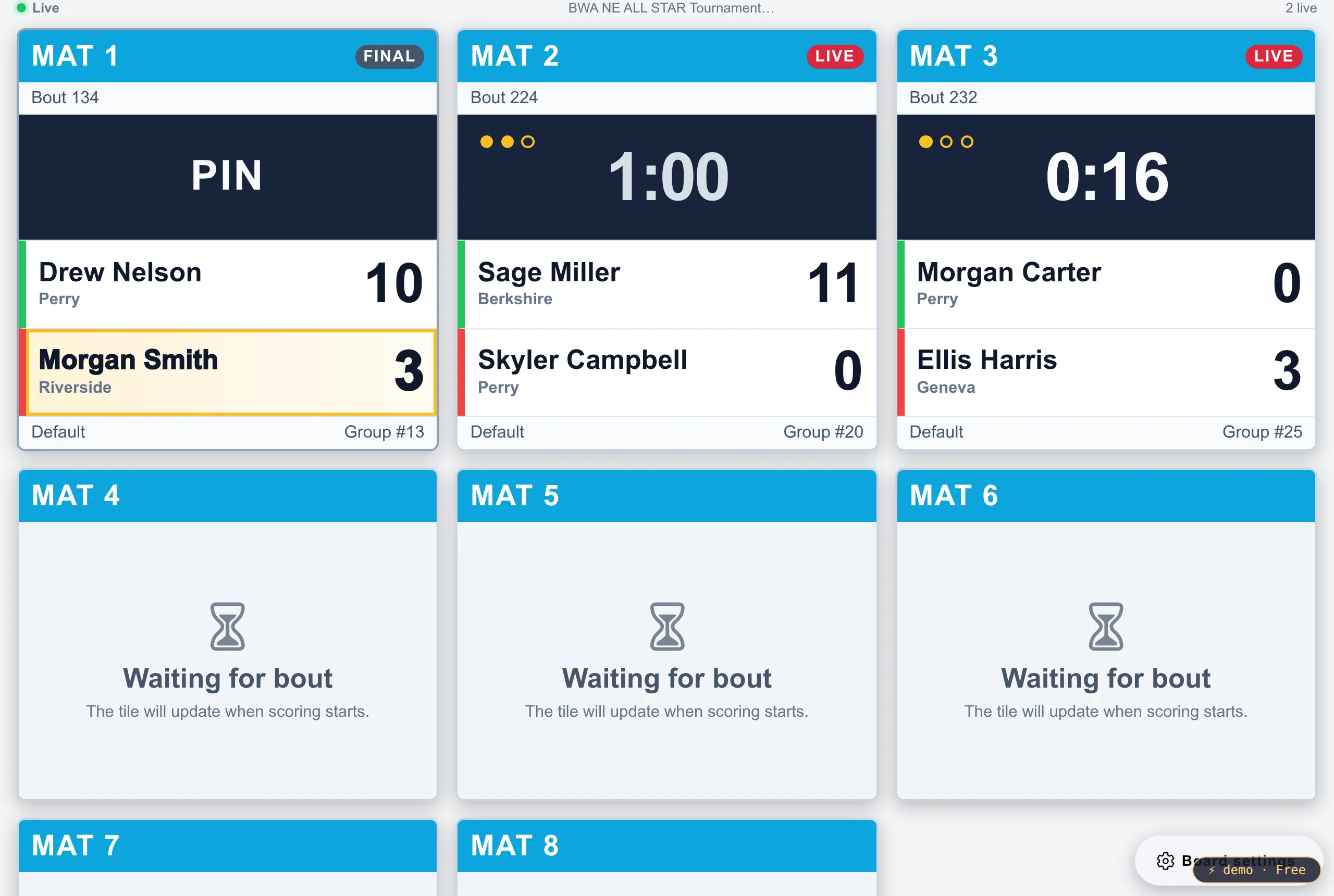 Active Mats showing a final pin with the winner highlighted and two live bouts with period dots, clocks, and scores