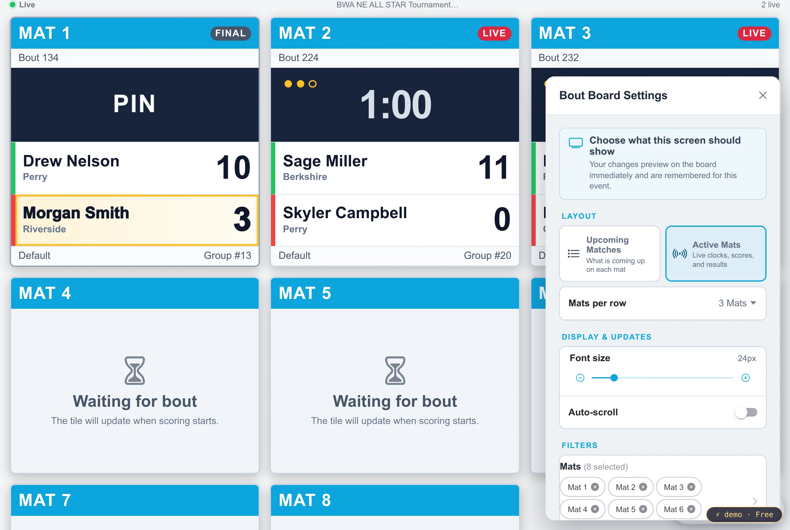 Bout Board settings pinned over the Active Mats preview
