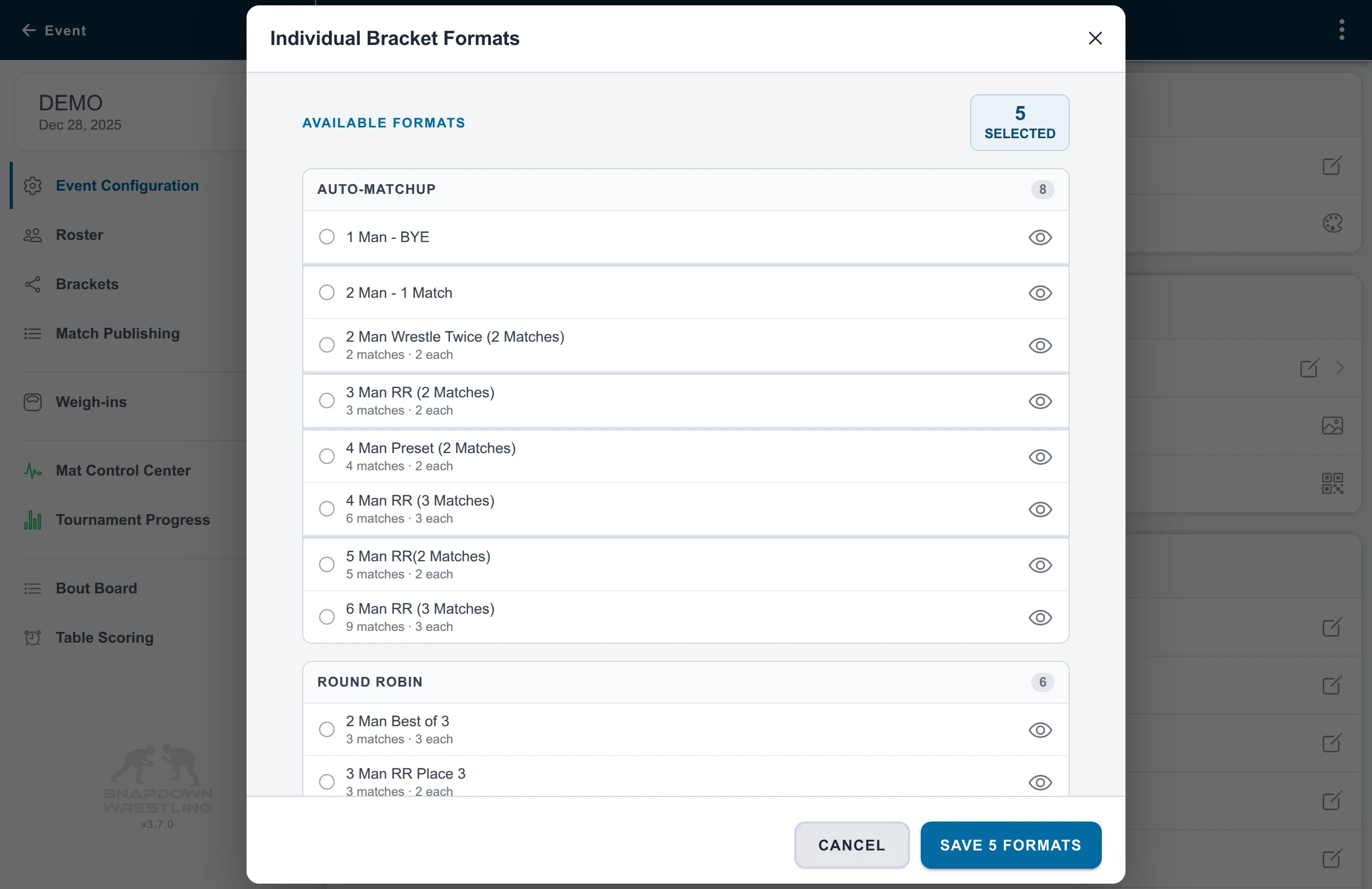 Individual Bracket Formats grouped by format family, with one event-wide selection count