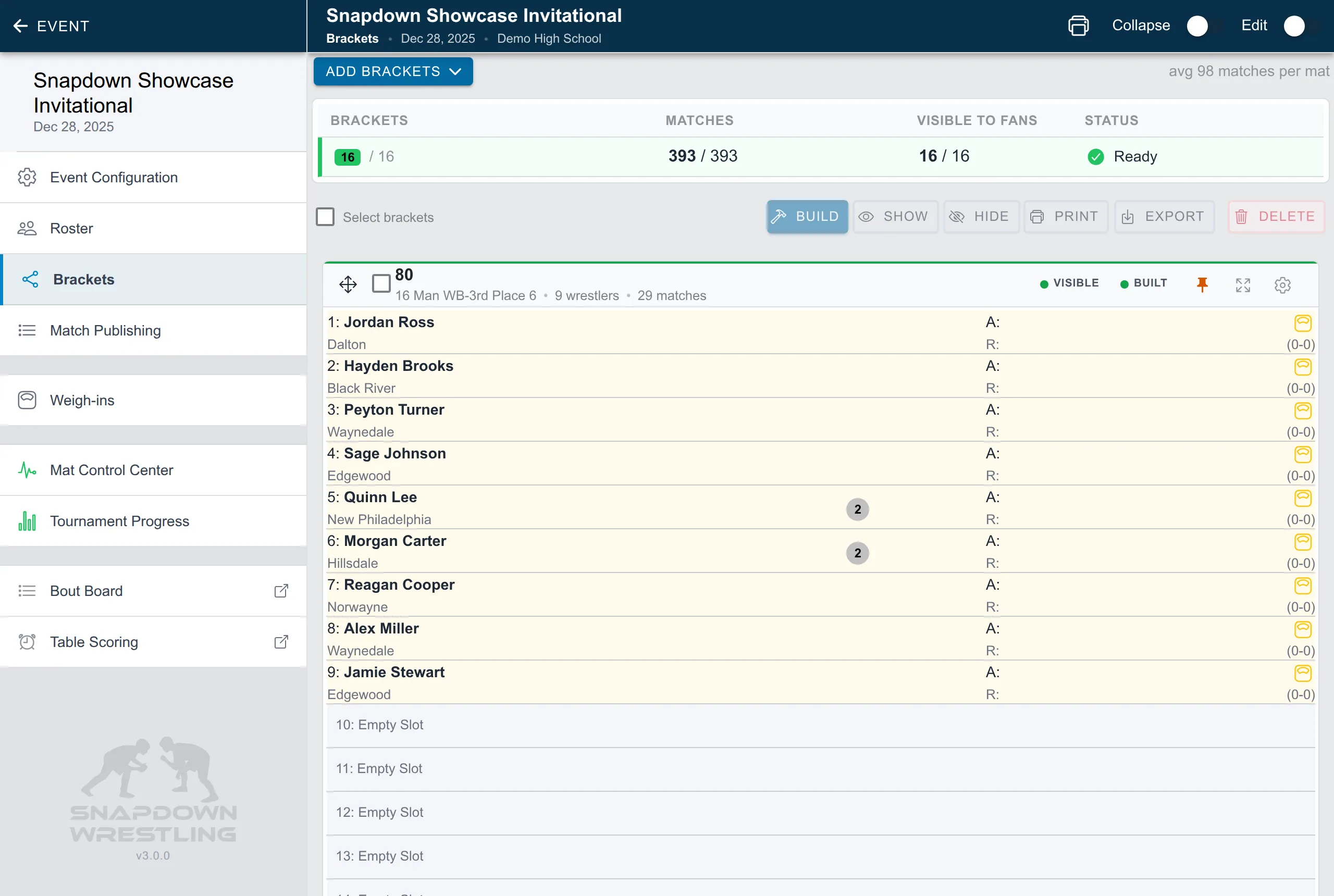 Snapdown bracket management screen