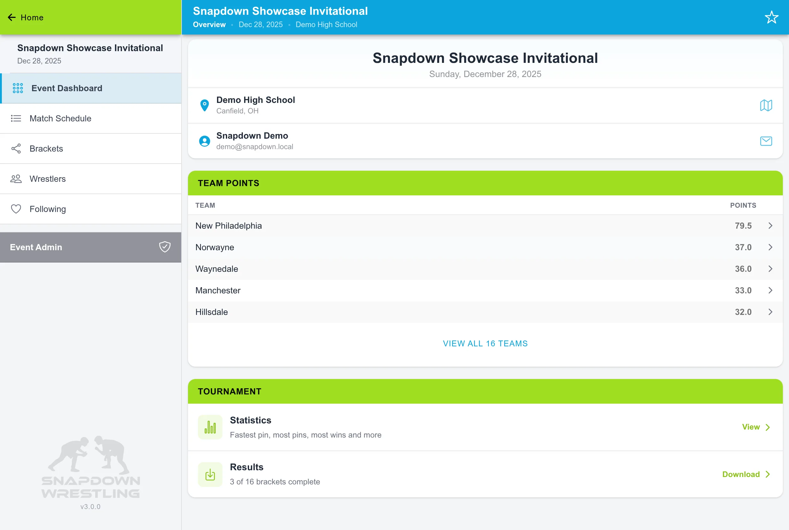 Snapdown event dashboard with results export