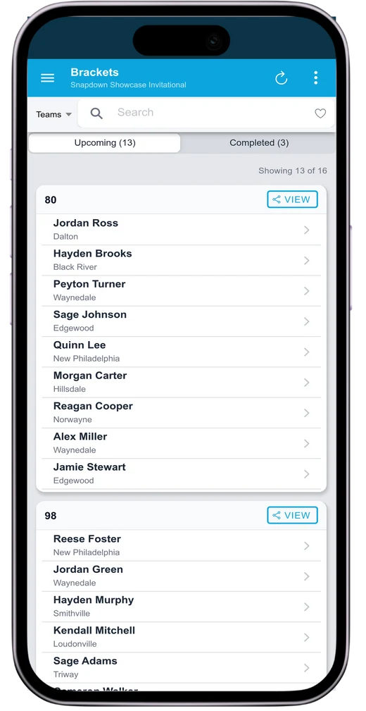 Snapdown brackets page listing every division and bracket with the wrestlers' names shown