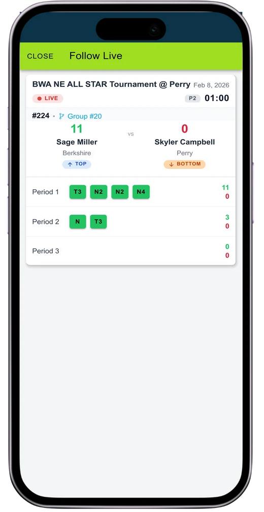 Snapdown mobile app showing a live wrestling match