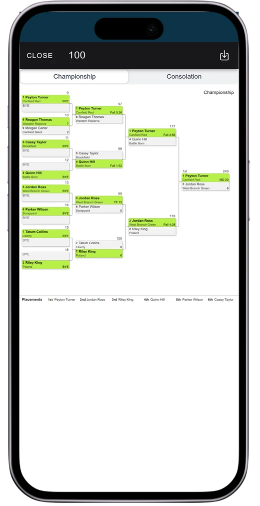 Snapdown mobile app showing a live tournament bracket