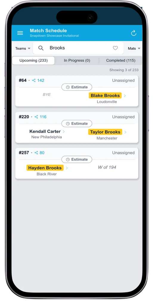 Snapdown matches page with a search for Brooks, showing the matching bouts with that wrestler highlighted