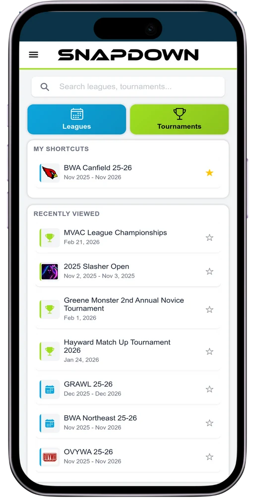 Snapdown mobile app showing leagues, tournaments, and favorites