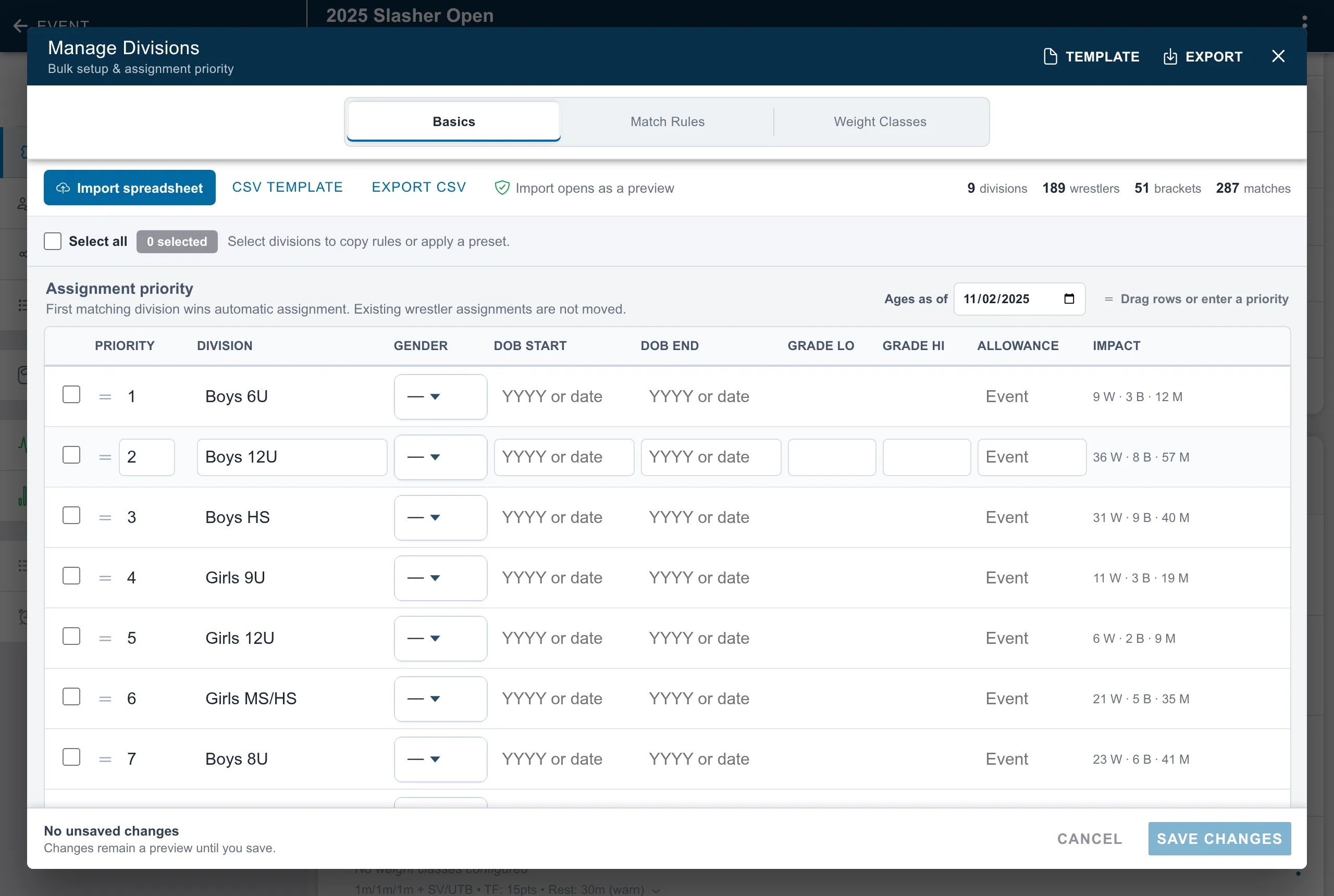 Snapdown Manage Divisions screen with assignment priorities and per-division impact counts