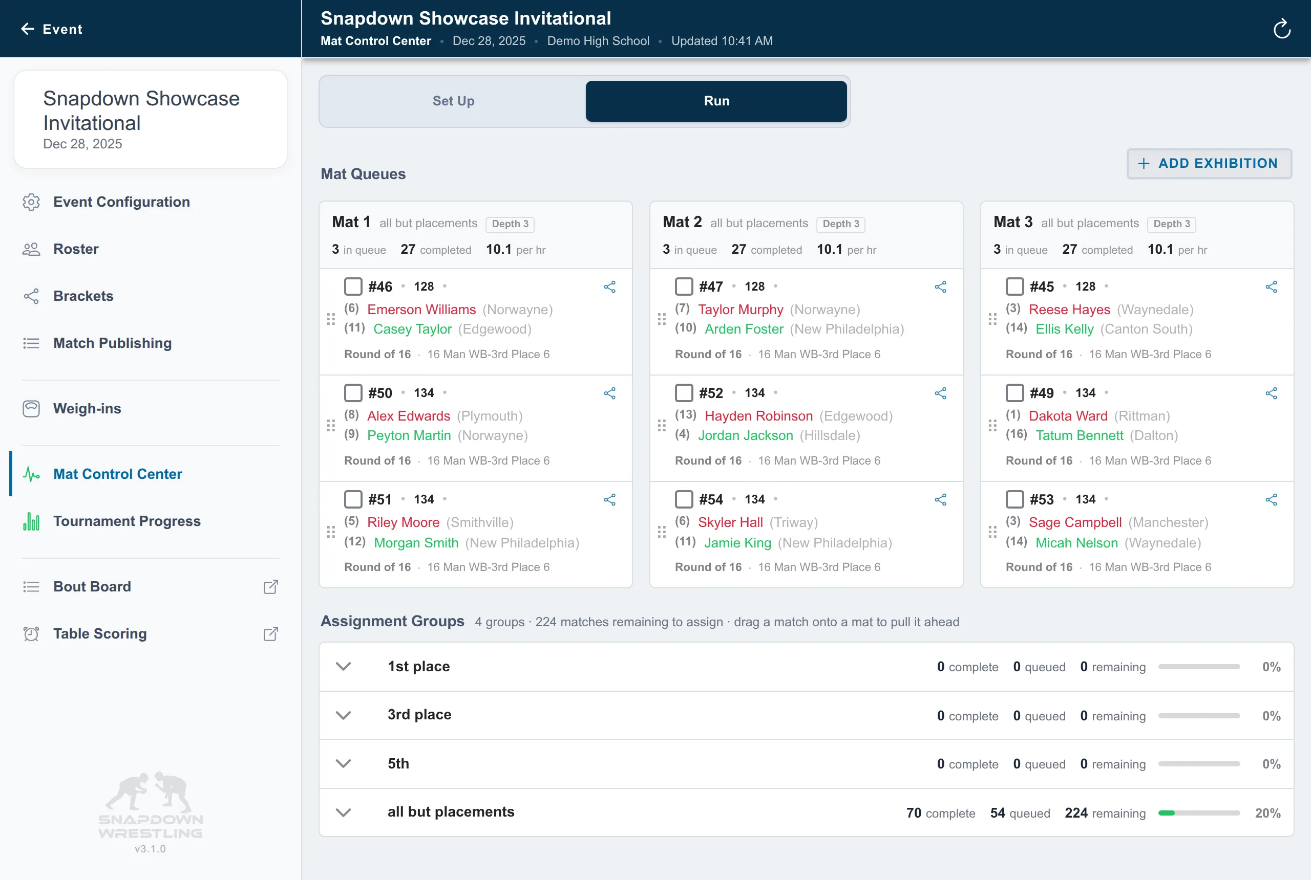 Mat Control Center showing mat configuration and the live queue for each mat