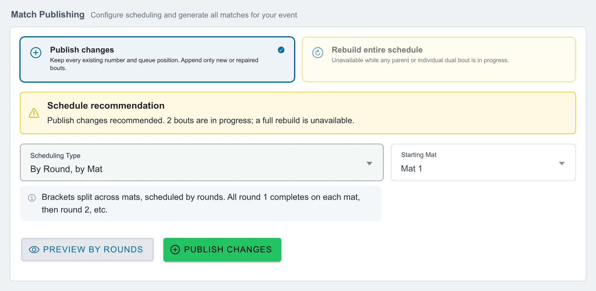 Automatic Match Publishing controls showing Publish changes and Rebuild entire schedule