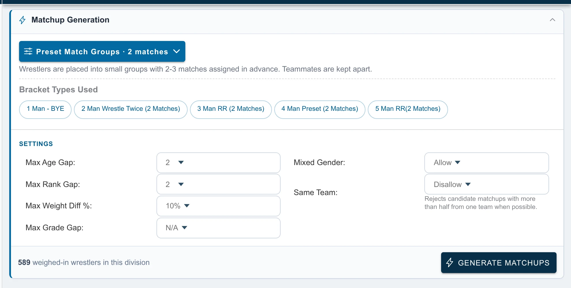 Snapdown matchup generation settings showing max age gap, rank gap, weight difference, teammates kept apart, and 589 weighed-in wrestlers ready to generate