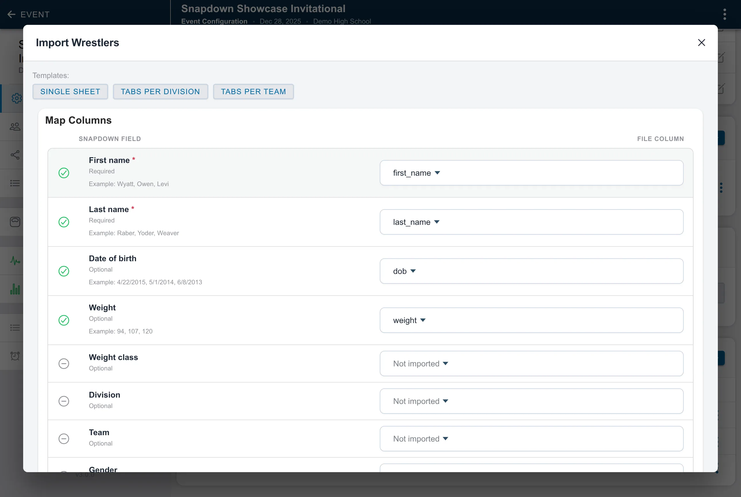 Snapdown import wizard mapping spreadsheet columns to roster fields