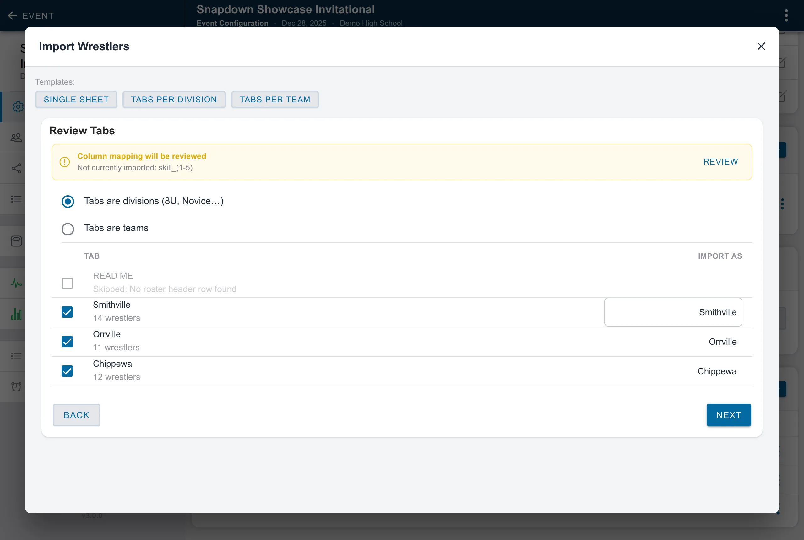 Snapdown import wizard reviewing workbook tabs and skipping a non-roster sheet