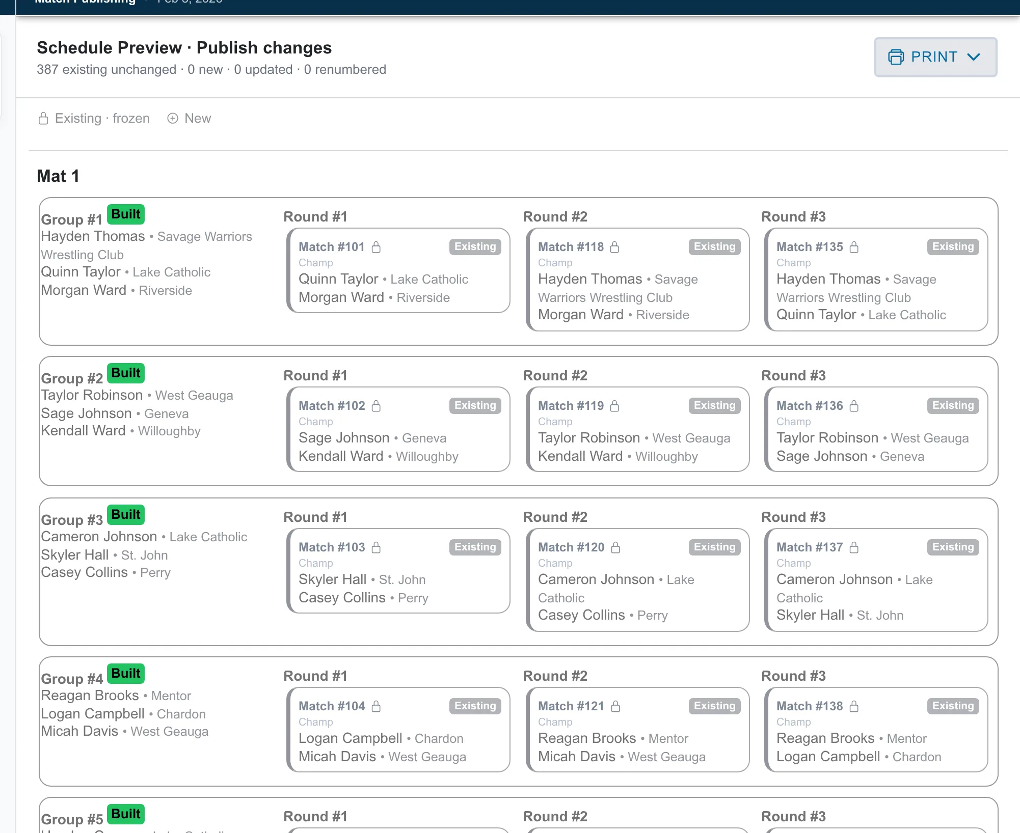 Automatic schedule preview distinguishing existing, new, updated, and renumbered bouts