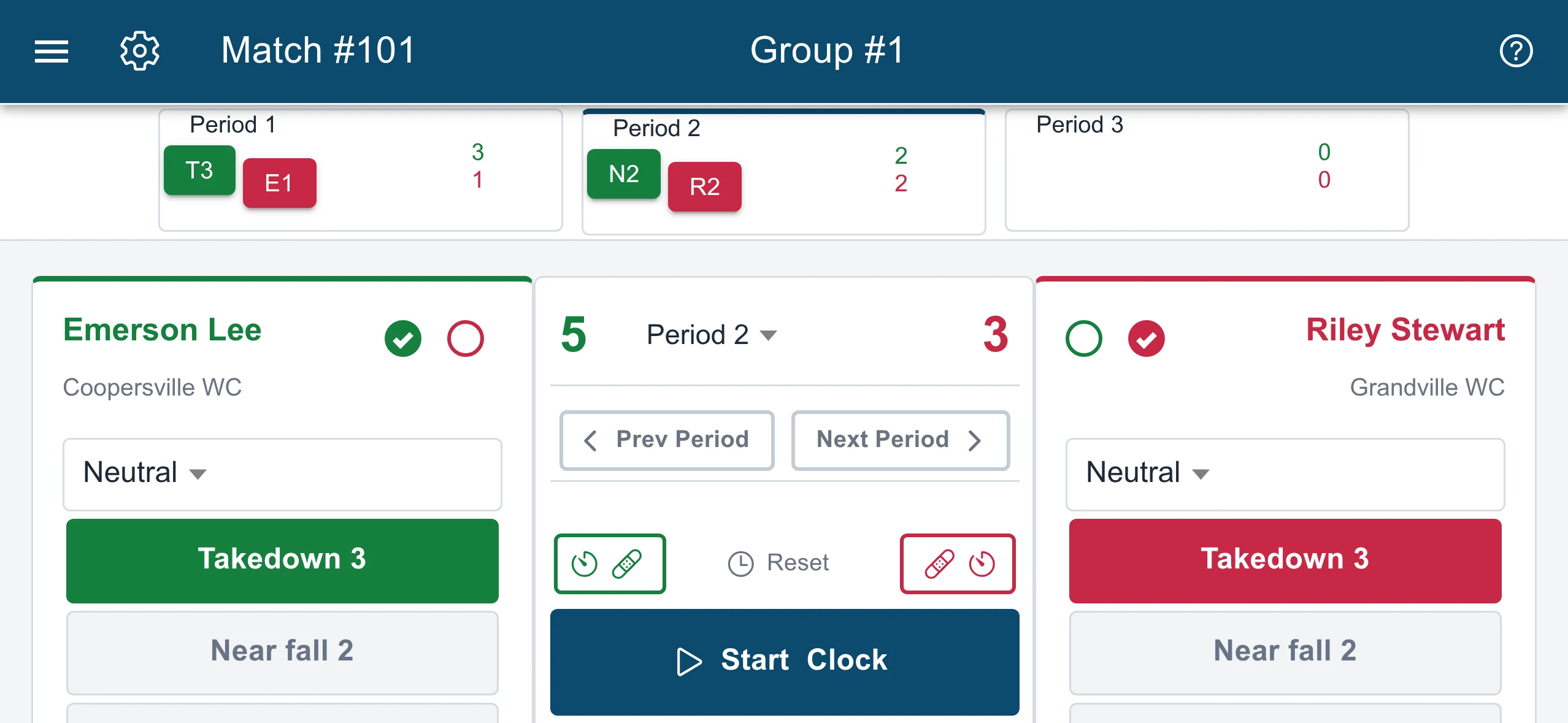 Table Scoring on a phone held sideways, showing both wrestler panels, the period breakdown, and the clock