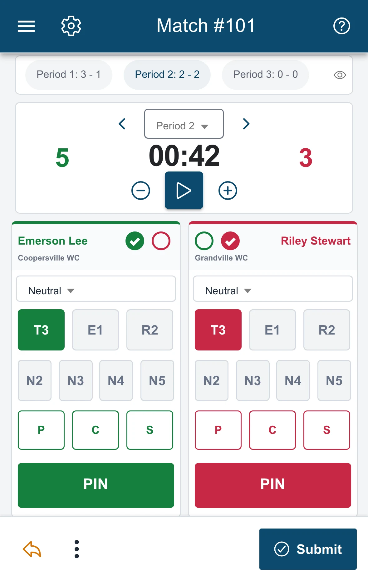 Table Scoring on a phone, showing a 5-3 match in period two with compact scoring buttons for each wrestler