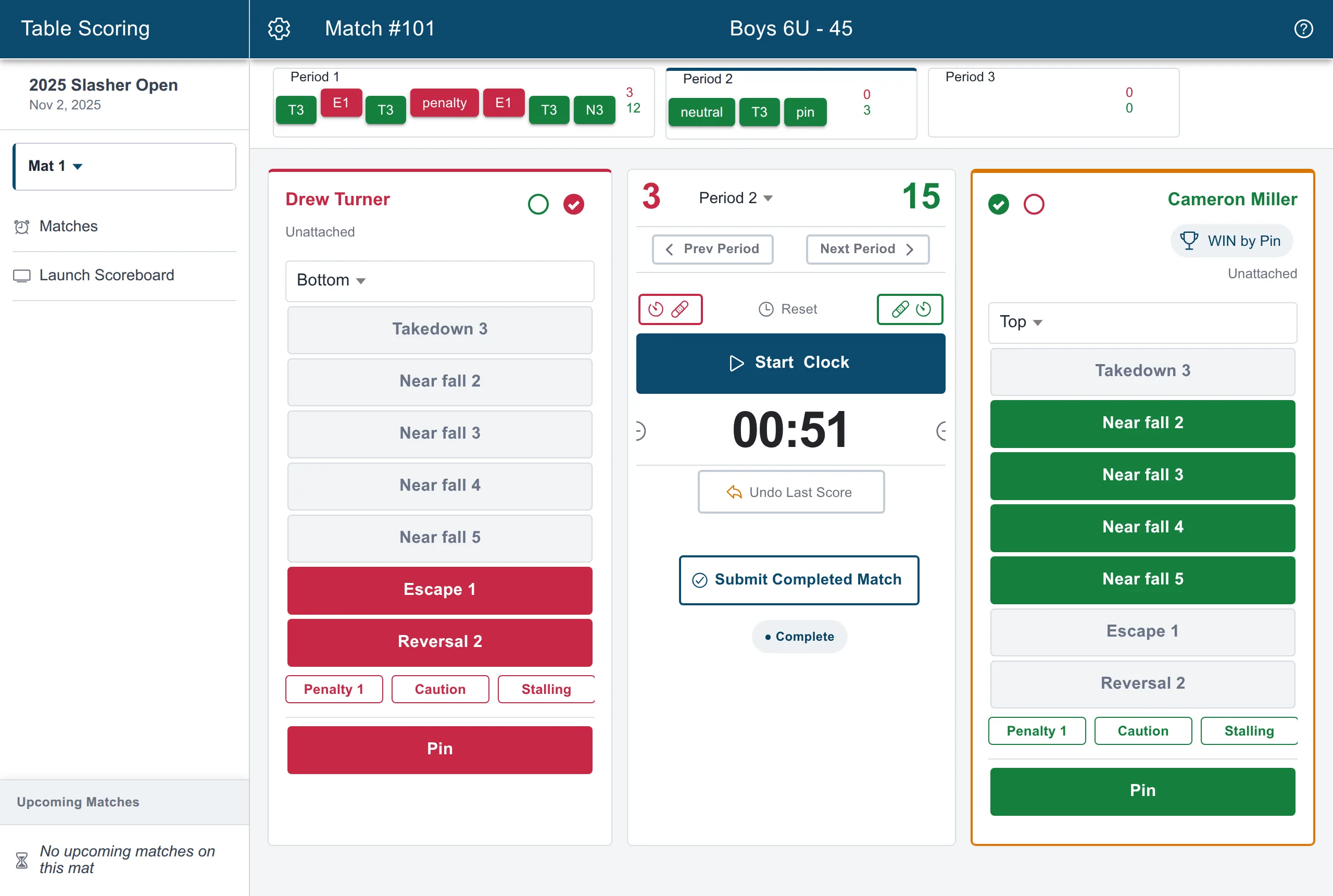 Snapdown table scoring with large buttons and period clock