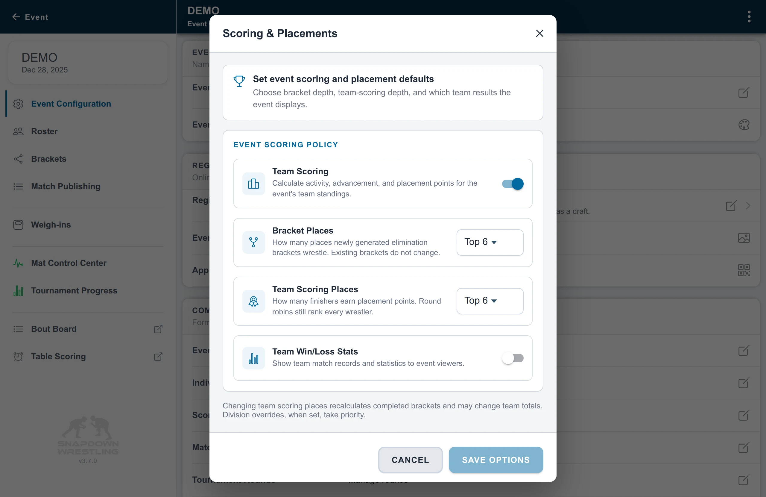 Scoring and Placements with separate controls for bracket depth, team placement points, and team statistics
