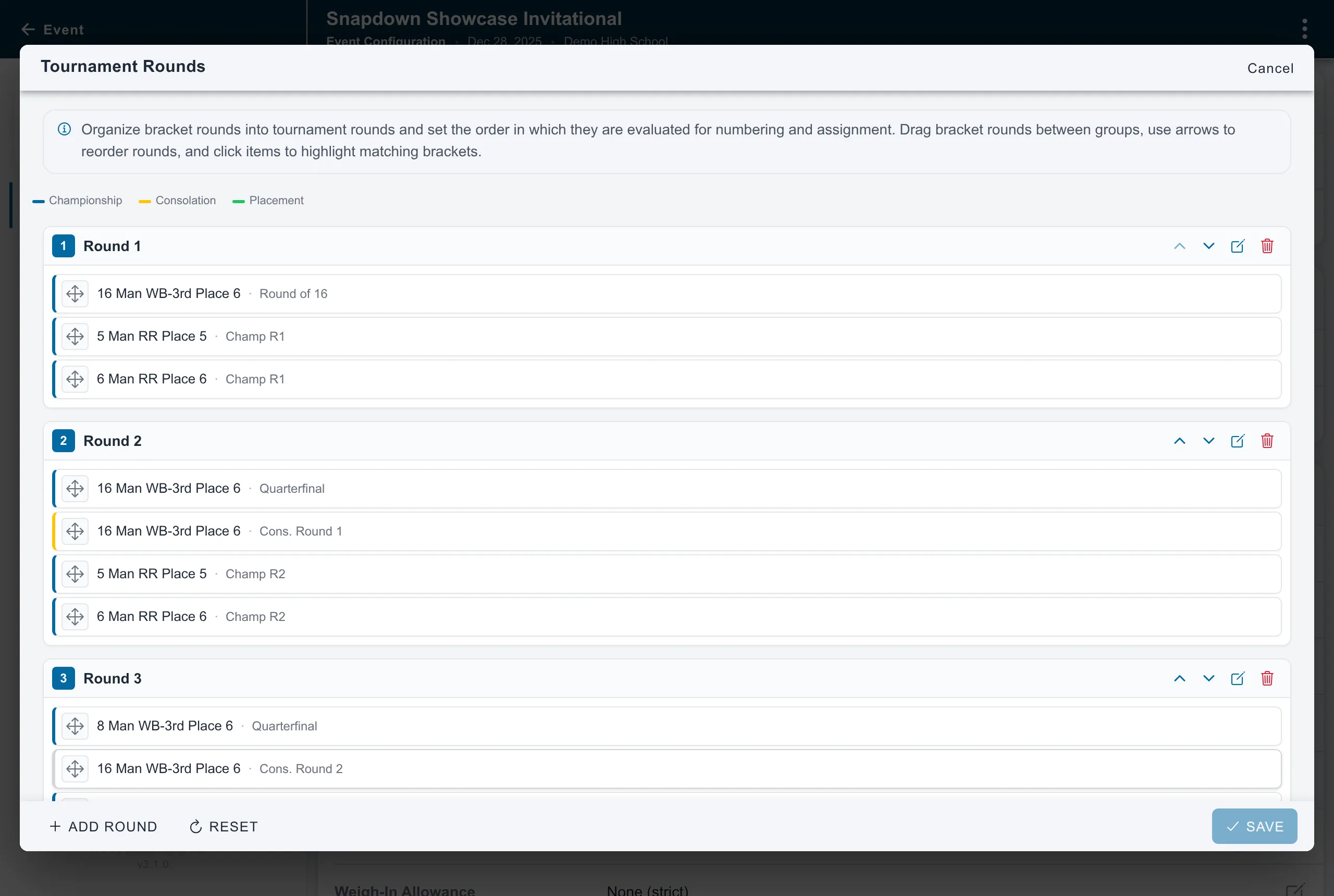 Tournament round settings for organizing bracket rounds into a custom sequence