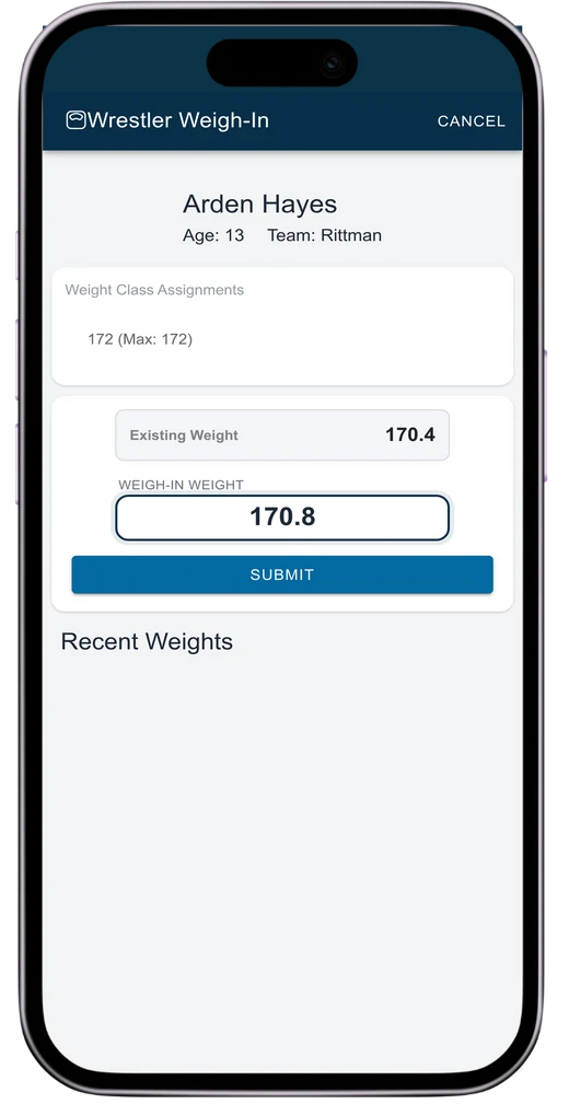 Snapdown weigh-in entry on a phone with weight class cap and previous weight