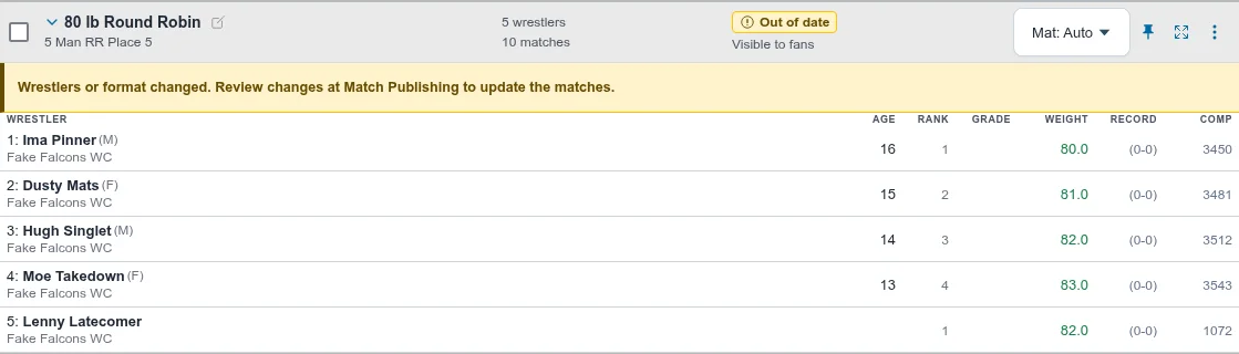 Bracket row marked Out of date after a wrestler was added