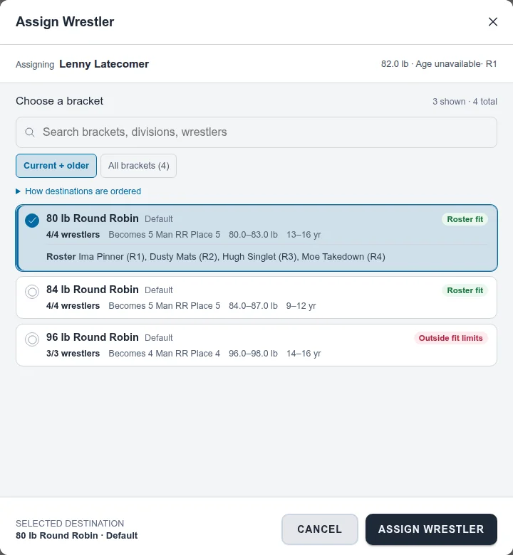 Assign Wrestler dialog listing brackets with their size, growth, and fit