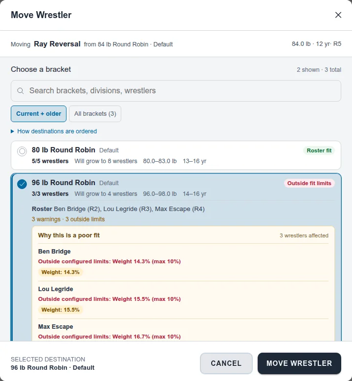 Move Wrestler dialog for choosing the correct destination bracket