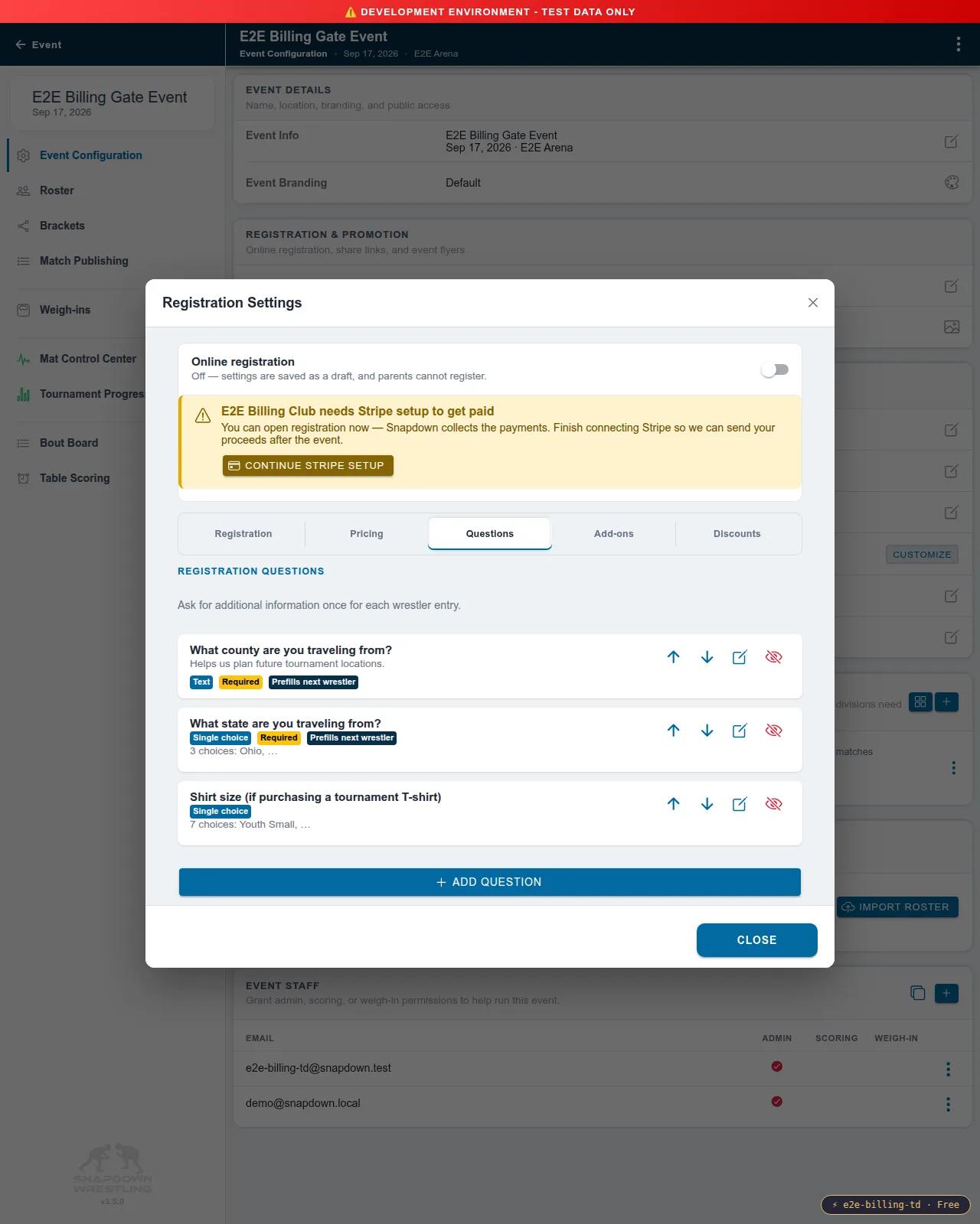 The Questions tab with reusable county and state questions followed by an optional shirt-size question