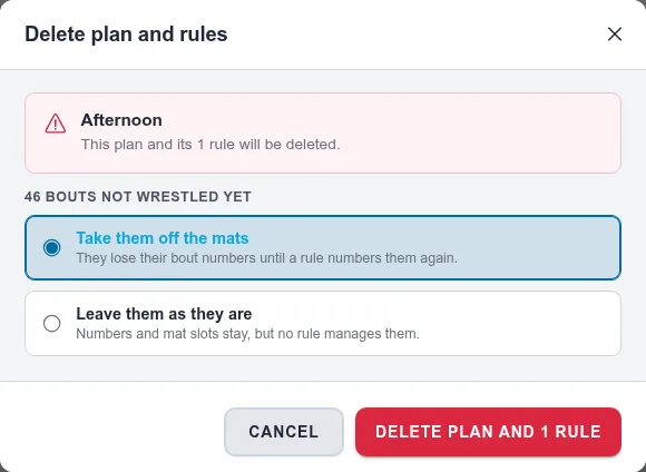 Delete plan and rules dialog for Afternoon, with 46 bouts not wrestled yet and Take them off the mats selected