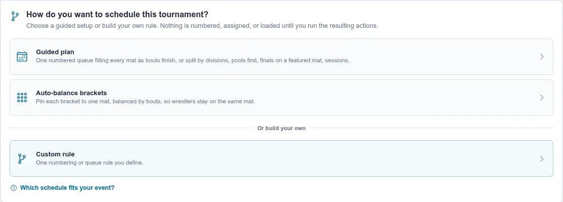 Match Publishing asking how you want to schedule the tournament, with Guided plan, Auto-balance brackets, and Custom rule