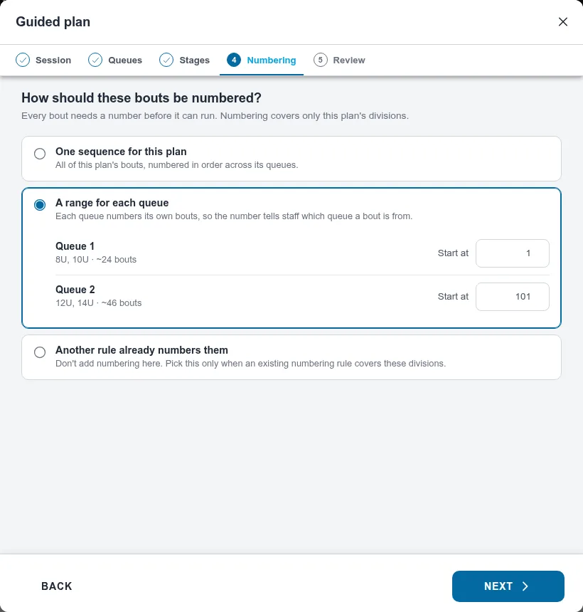 Numbering step with A range for each queue: Queue 1 starts at 1 and Queue 2 at 101