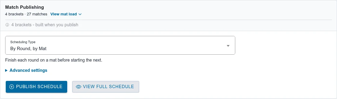 Match Publishing card before the first publish, showing the bracket count, Scheduling Type, and Publish Schedule